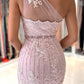 Pink One Shoulder Lace Short Prom Dress