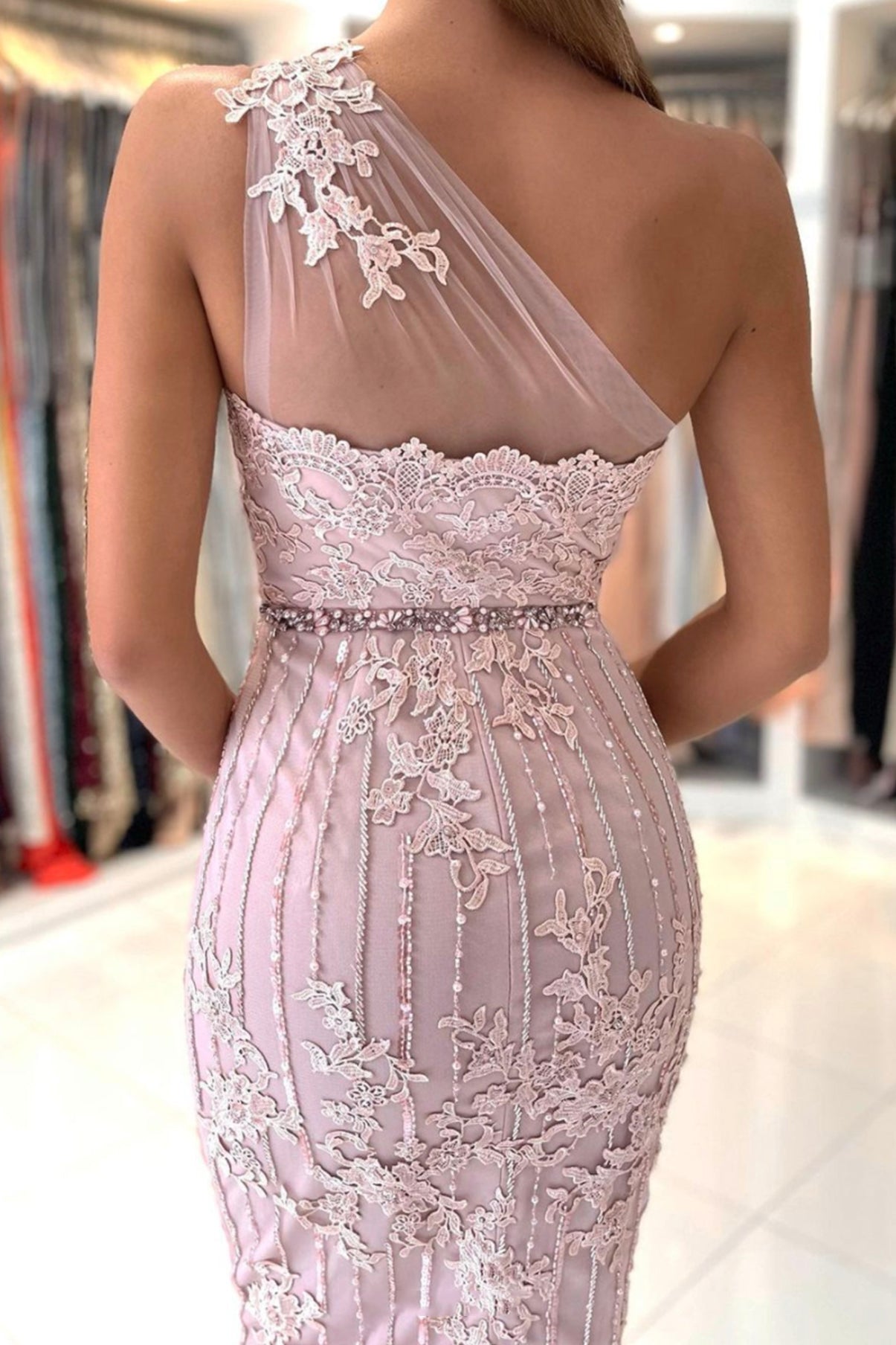 Pink One Shoulder Lace Short Prom Dress