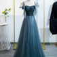 Blue Tulle Long Prom Dress, Blue A-line Evening Party Dress