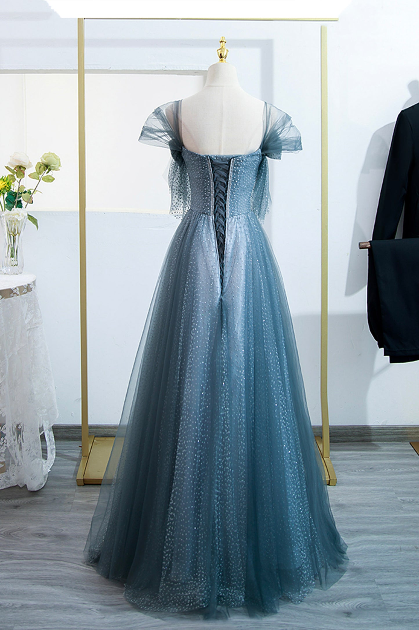 Blue Tulle Long Prom Dress, Blue A-line Evening Party Dress