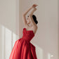 Red Strapless Satin Knee Length Prom Dress