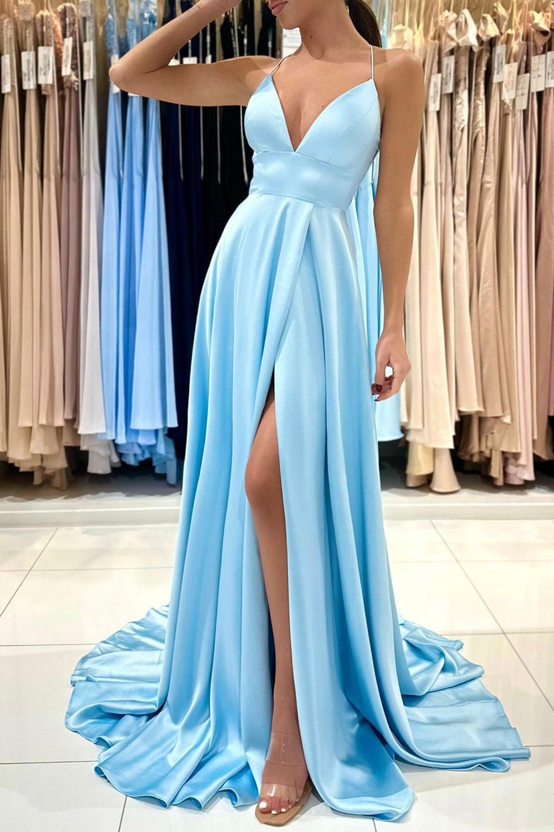 Blue V-Neck Satin Long Prom Dress, Simple A-Line Evening Dress