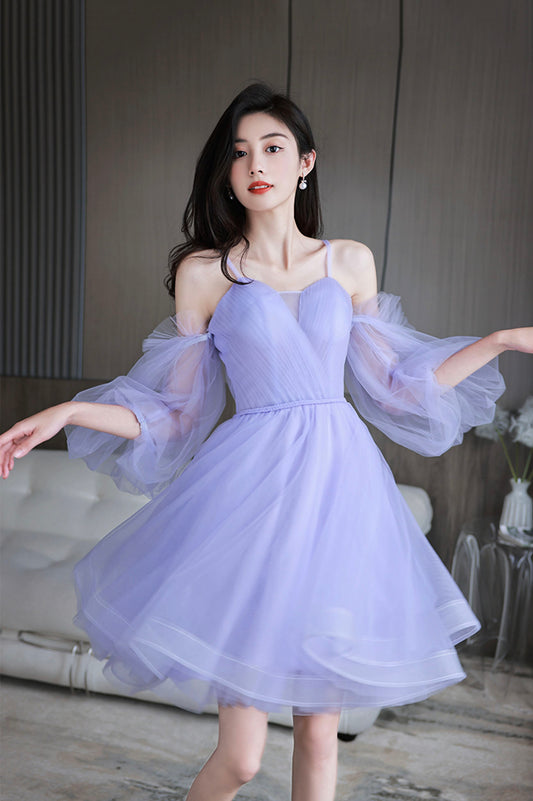 Purple Spaghetti Strap Tulle Short Mini Party Dress