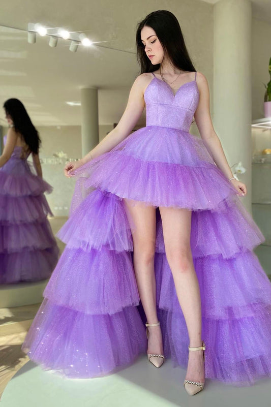 Purple Shin Tulle High Low Prom Dress, Cute A-Line Backless Party Dress