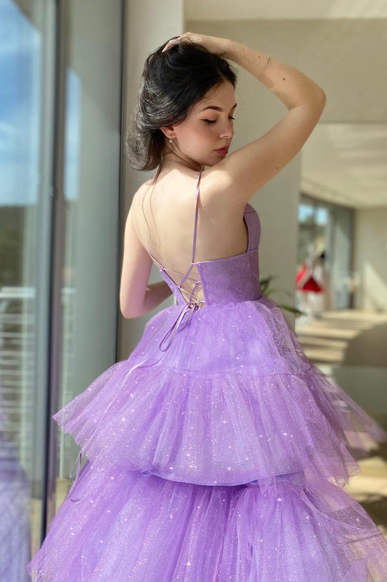 Purple Shin Tulle High Low Prom Dress, Cute A-Line Backless Party Dress
