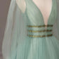 Green V-Neck Tulle Long Prom Dress, A-Line Long Sleeve Evening Dress