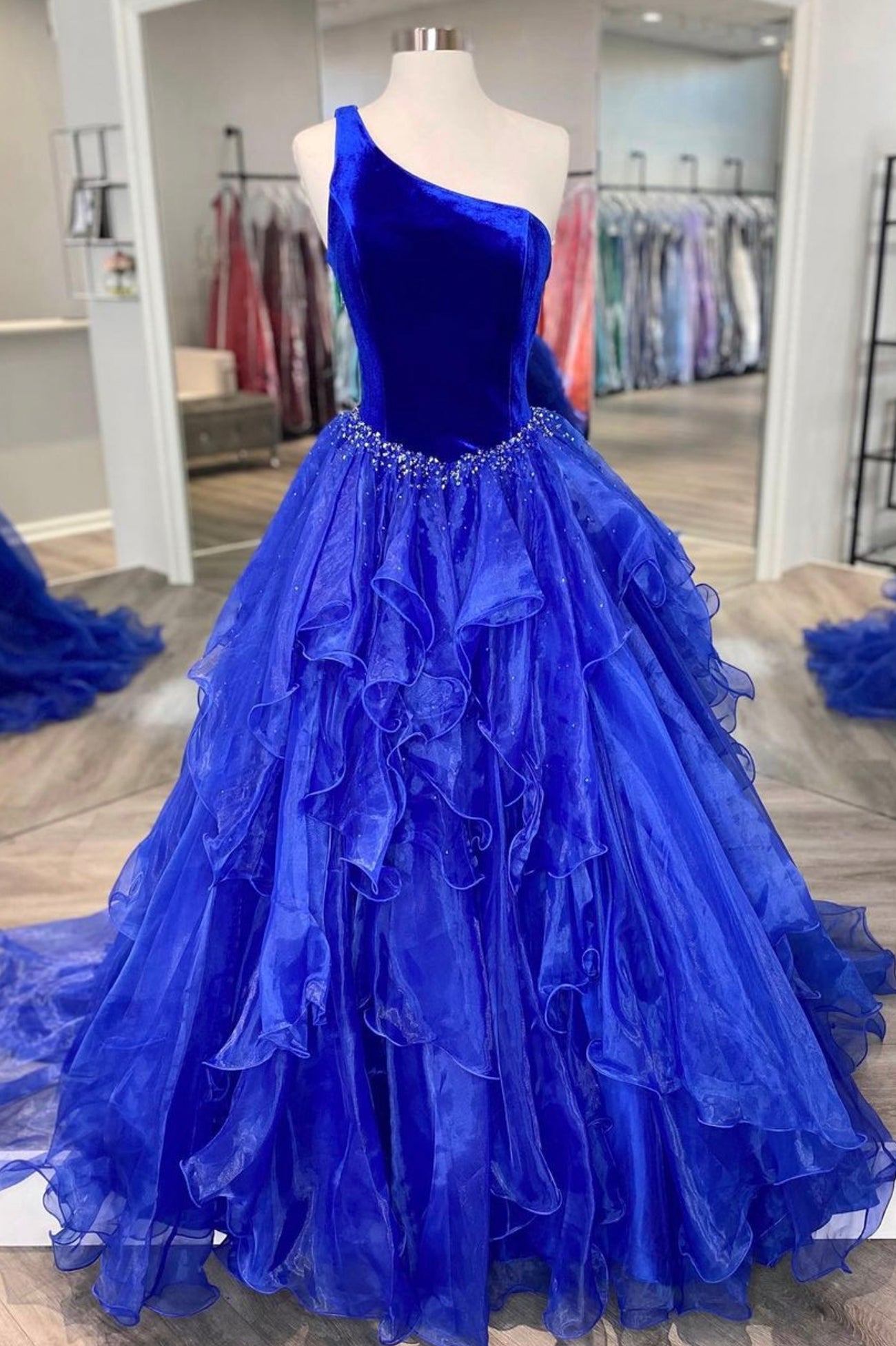 Blue Velvet Tulle Long Prom Dress, One Shoulder Evening Party Dress