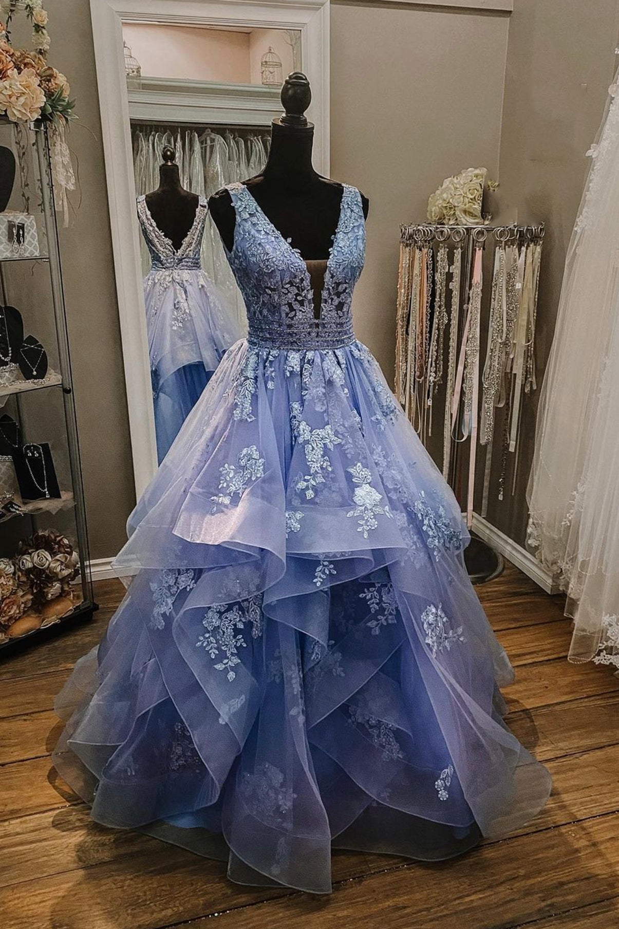 Blue V-Neck Tulle Long Prom Dress with Lace