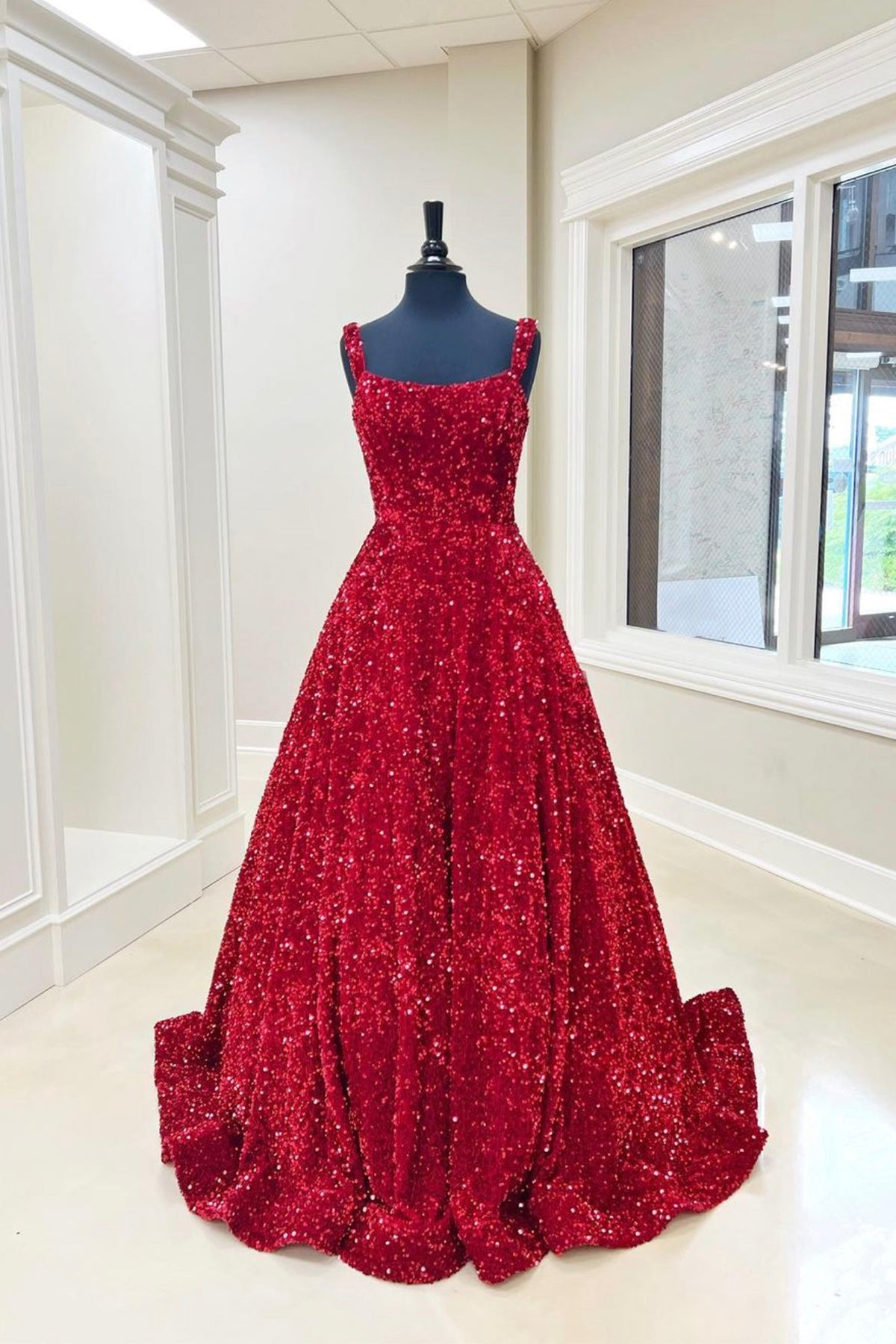 Burgundy Sequin Backless A-Line Long Prom Gown