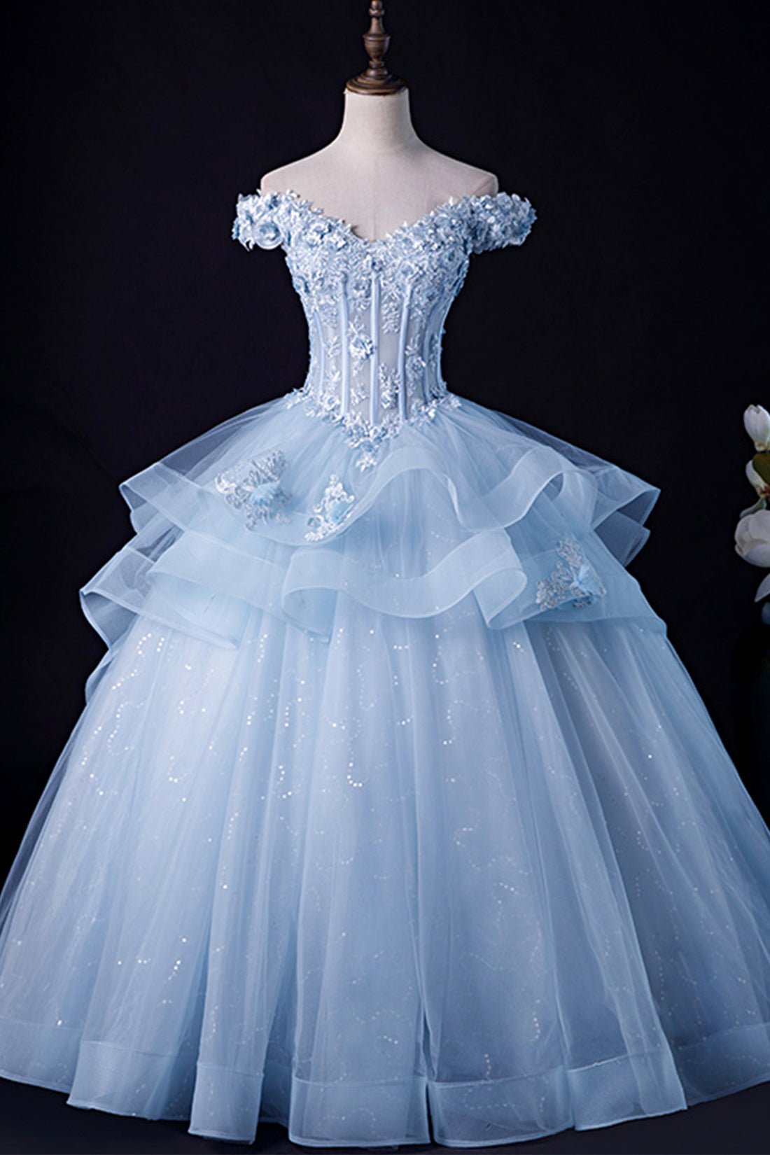 Blue Tulle Lace Long Prom Dress, Off Shoulder Evening Gown