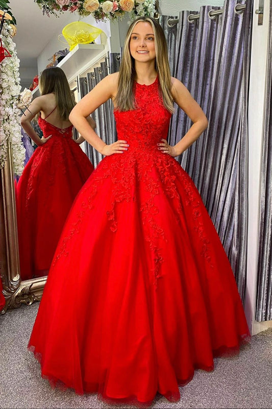 Red Scoop Neckline Lace Floor Length Prom Dress
