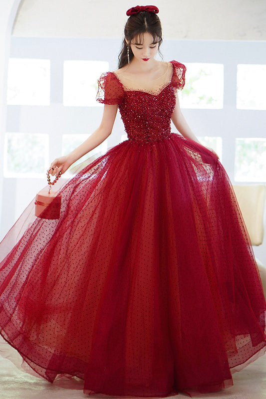 Cute tulle sequins long prom dress burgundy evening dress