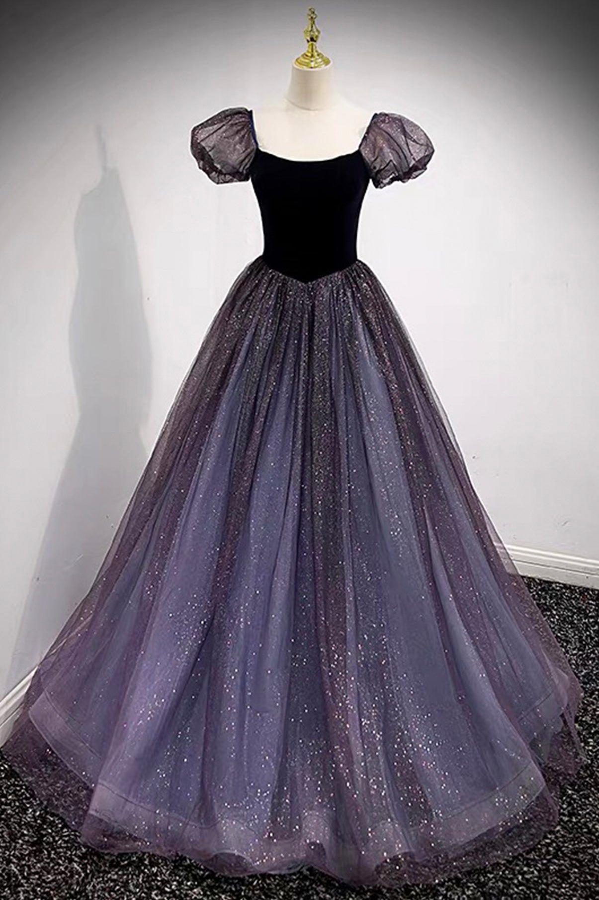 Purple Tulle and Velvet Floor Length Beautiful Prom Dress