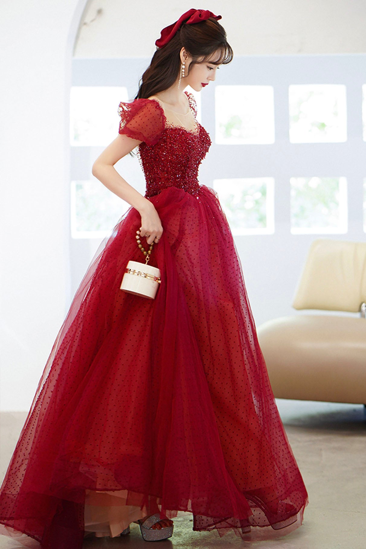 Burgundy Tulle Beaded Long Prom Dress, Beautiful A-Line Party Dress