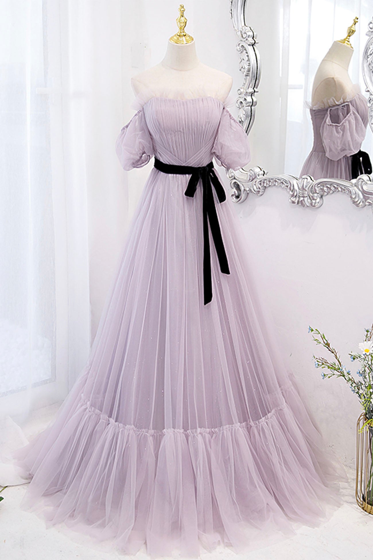 Purple Strapless Tulle Long Prom Dress, Off the Shoulder Evening Dress