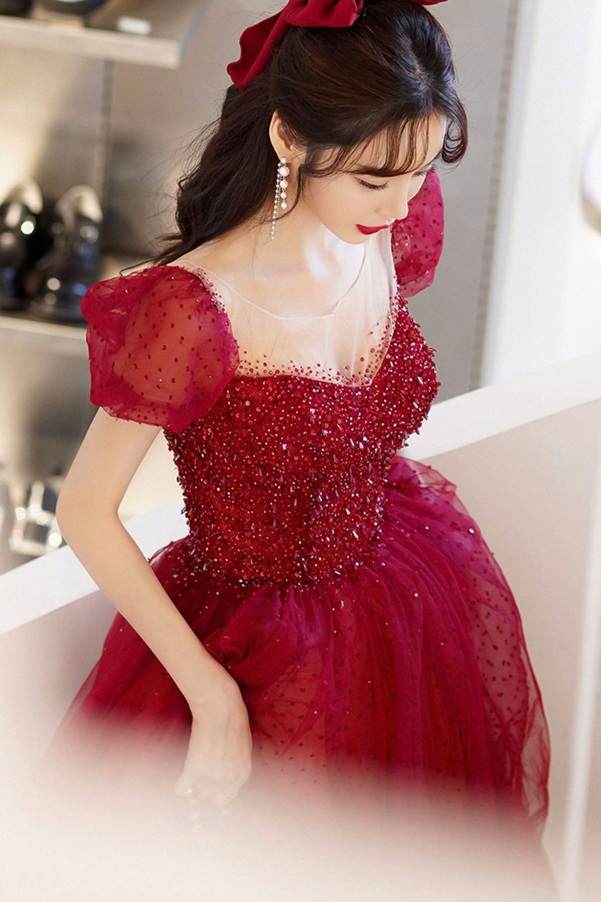 Burgundy Tulle Beaded Long Prom Dress, Beautiful A-Line Party Dress