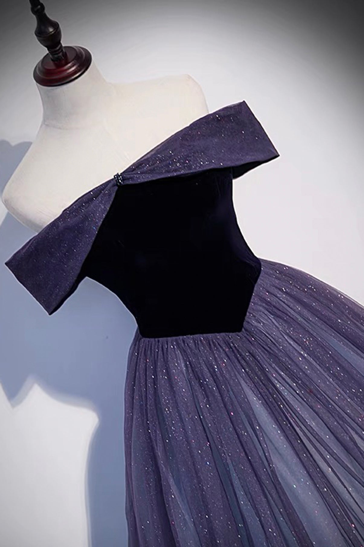 Purple Tulle and Velvet Floor Length Prom Dress