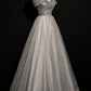Gray Tulle Off the Shoulder Floor Length Prom Dress