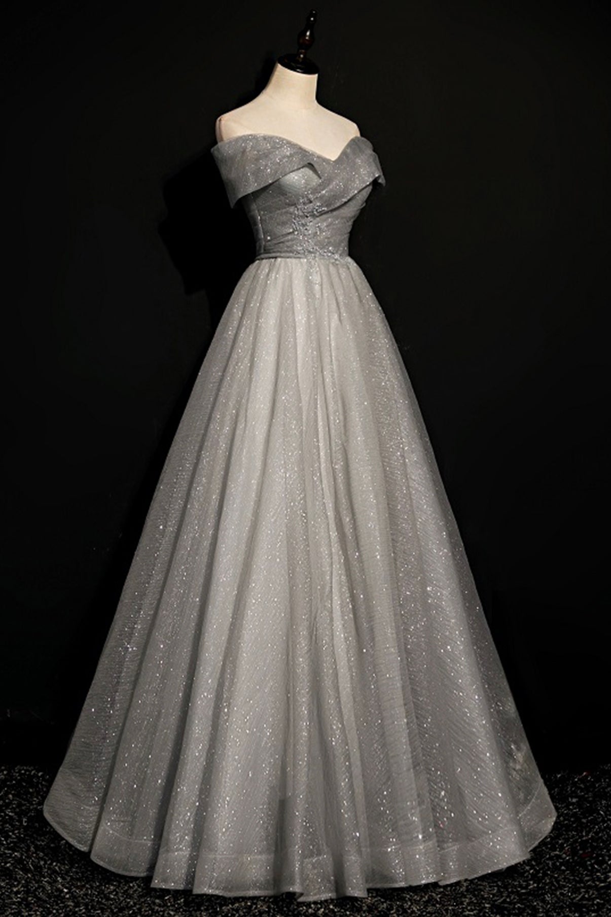 Gray Tulle Off the Shoulder Floor Length Prom Dress