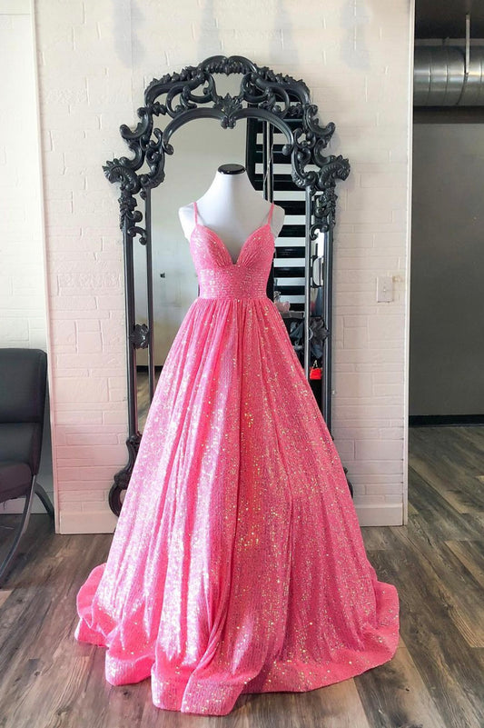 Hot Pink Spaghetti Strap Sequins Long Prom Dress, Beautiful V-Neck Evening Dress