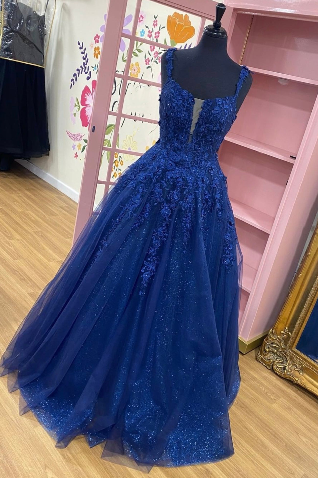Blue Spaghetti Strap Tulle Lace Long Prom Dress