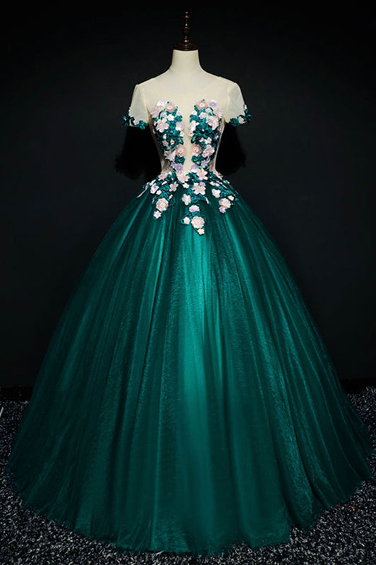 Green Scoop Neckline Tulle Long Prom Dress, Green A-Line Evening Dress with Flowers