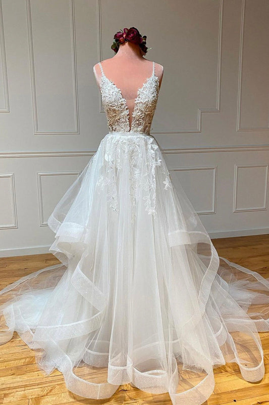 White Spaghetti Strap V-Neck Lace Floor Length Prom Dress