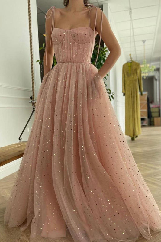 Pink Spaghetti Strap Tulle Long Prom Dress, Pink A-Line Evening Dress