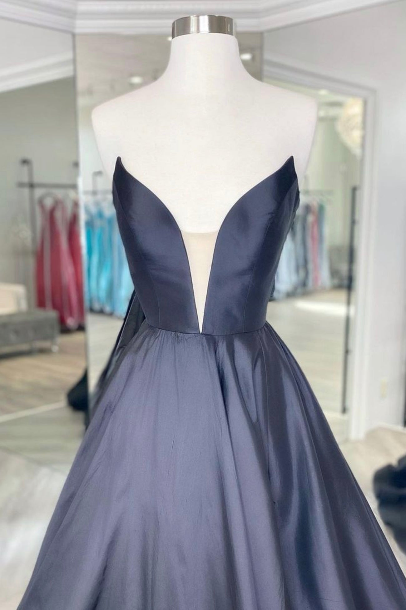 Black Strapless Satin Floor Length A-Line Prom Dress