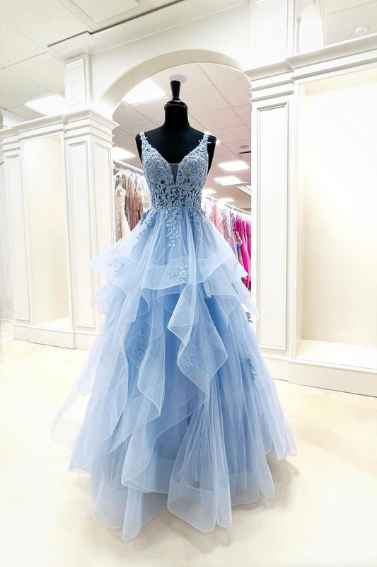 Blue V-Neck Tulle Floor Length Prom Dress with Lace