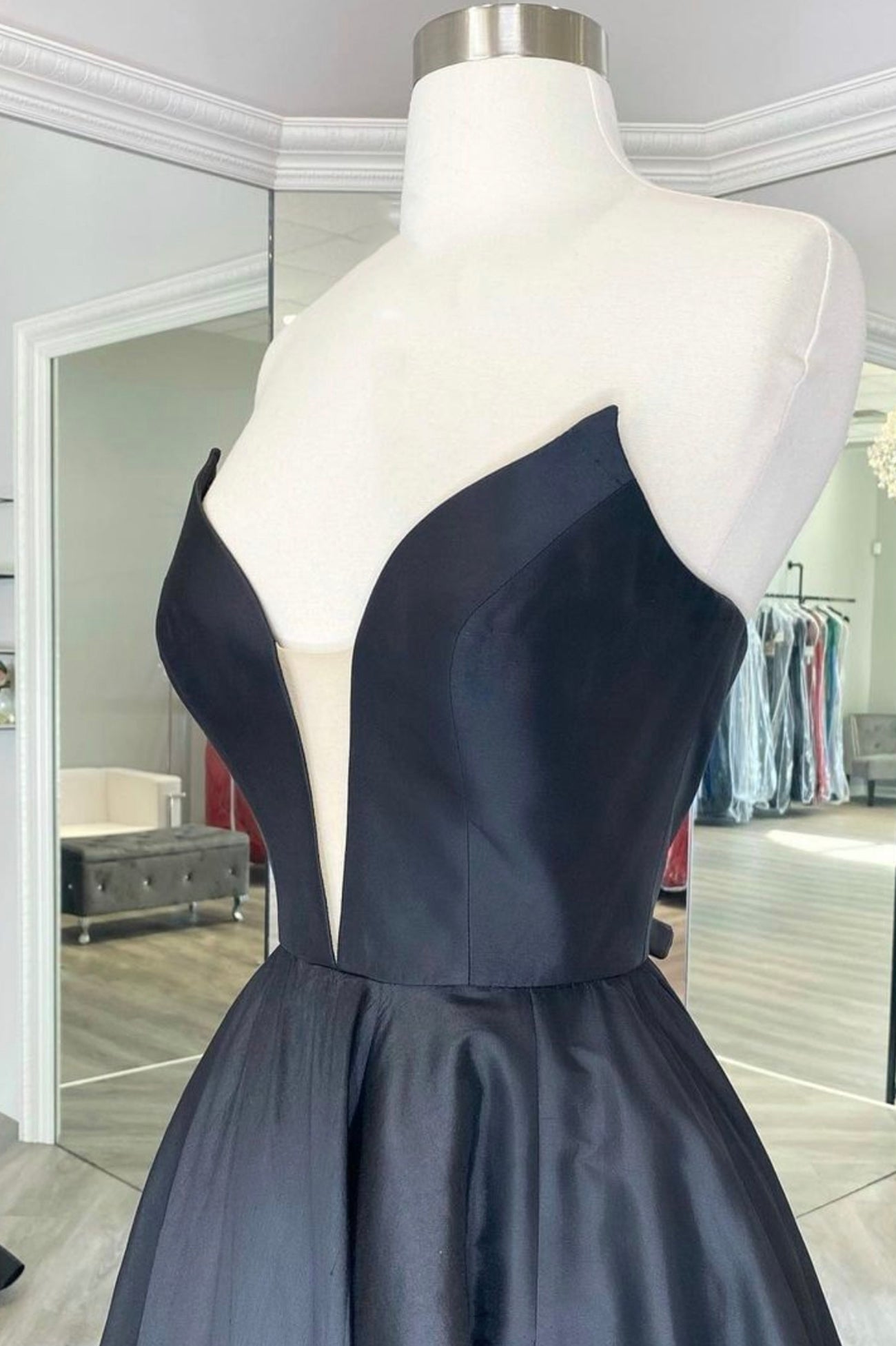 Black Strapless Satin Floor Length A-Line Prom Dress