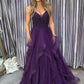 Purple Spaghetti Strap Tulle Beaded Long Prom Dress
