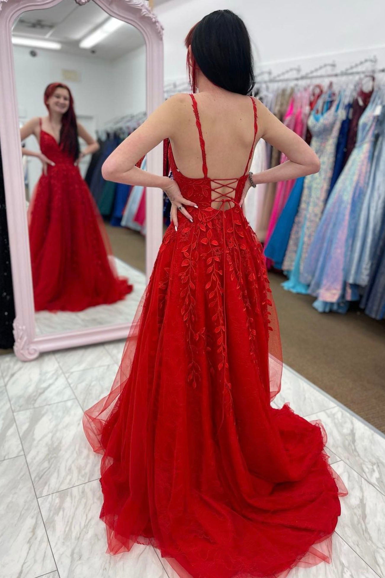 Red Spaghetti Strap Tulle Lace Long Prom Dress