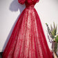 Burgundy Tulle Sequins Long Prom Dress, Beautiful Short Sleeve Evening Dress