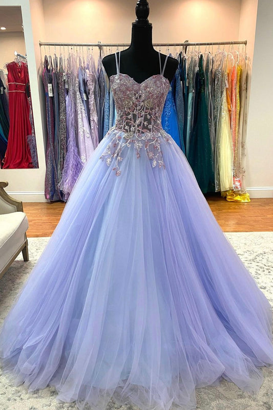 Purple Spaghetti Strap Lace Floor Length Prom Dress