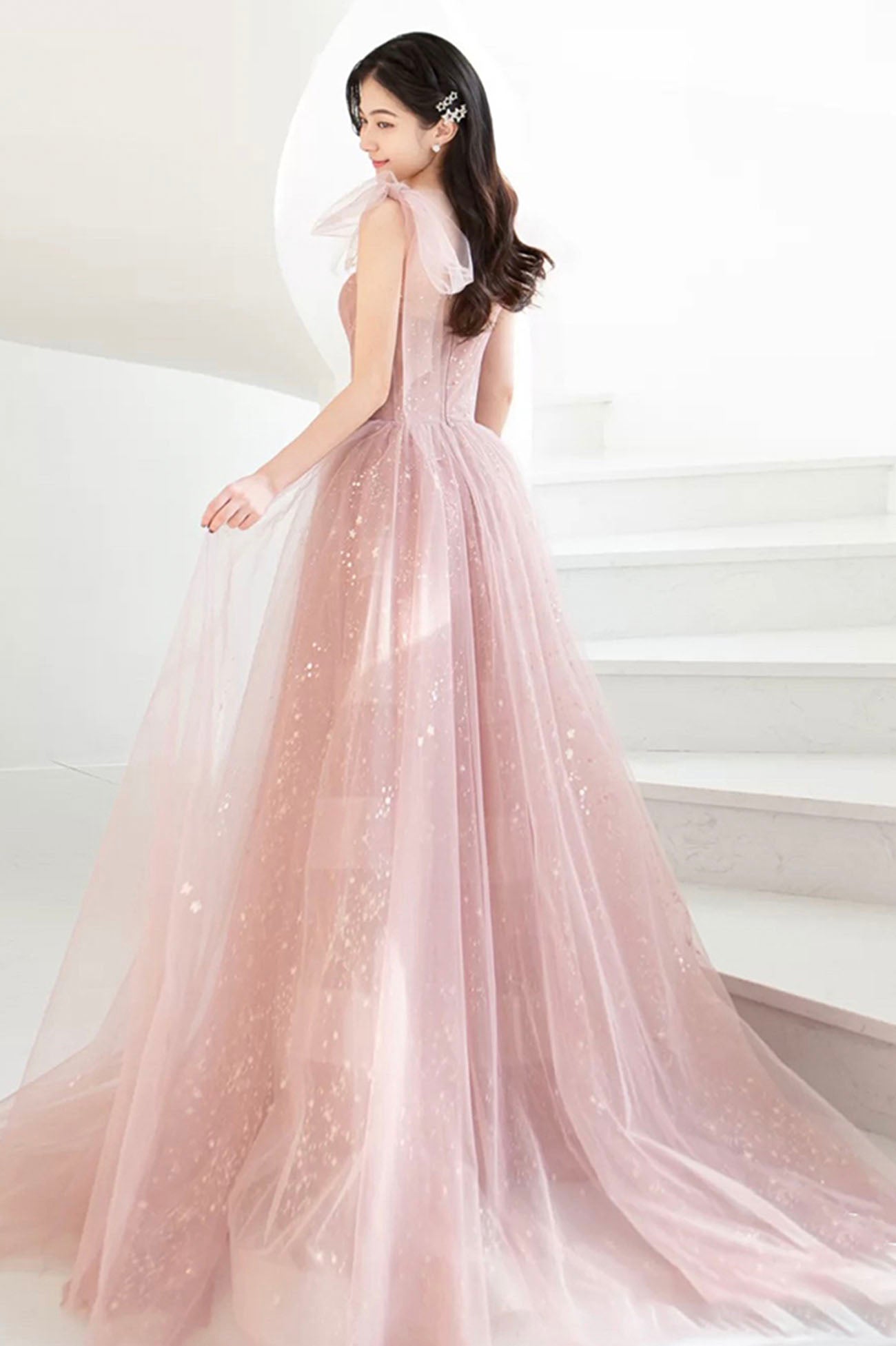 Pink Tulle Long Prom Dress, Beautiful A-Line Evening Dress