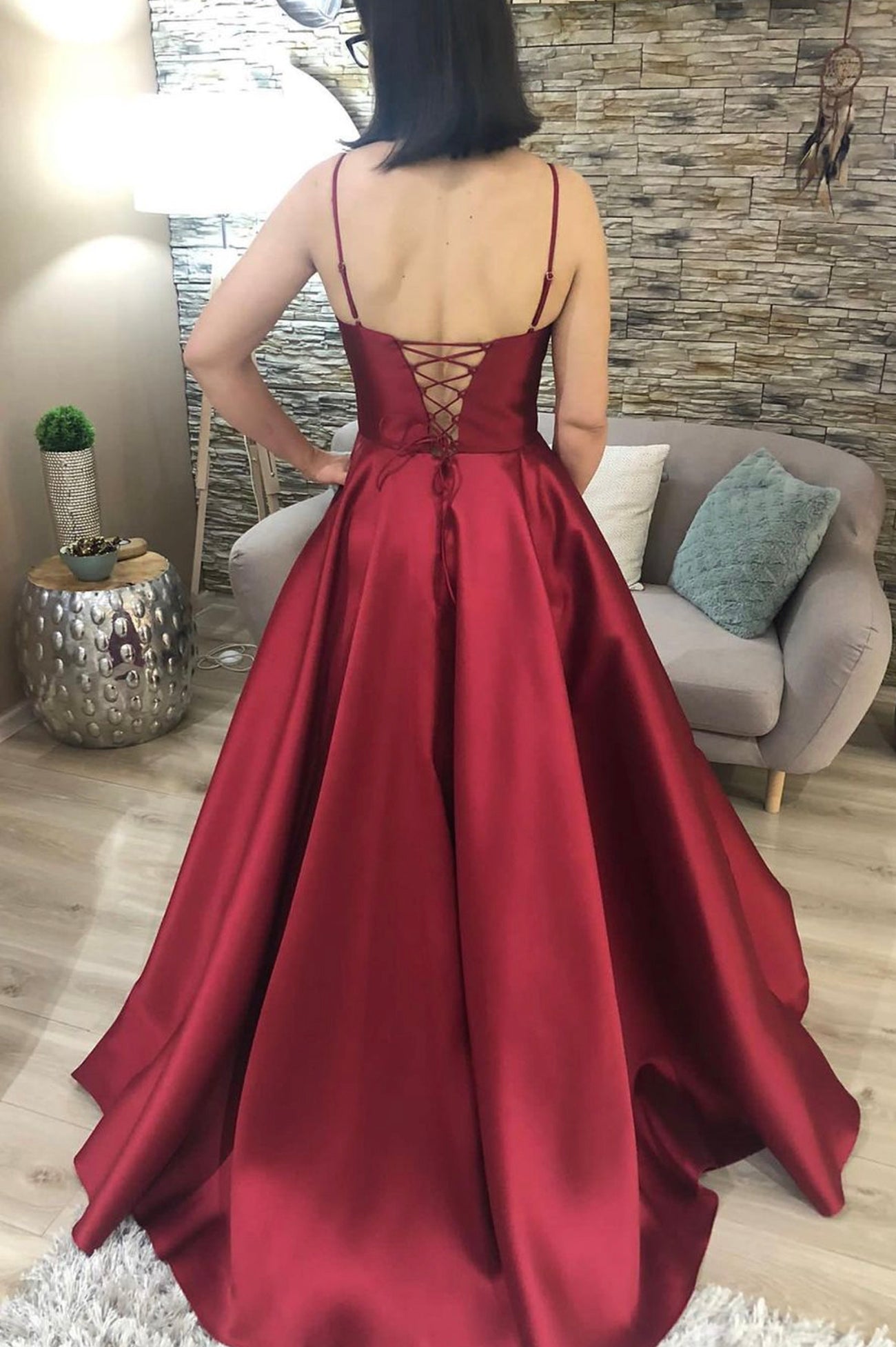 Burgundy Spaghetti Strap Satin Long Prom Dress, Simple Lace Up Evening Dress