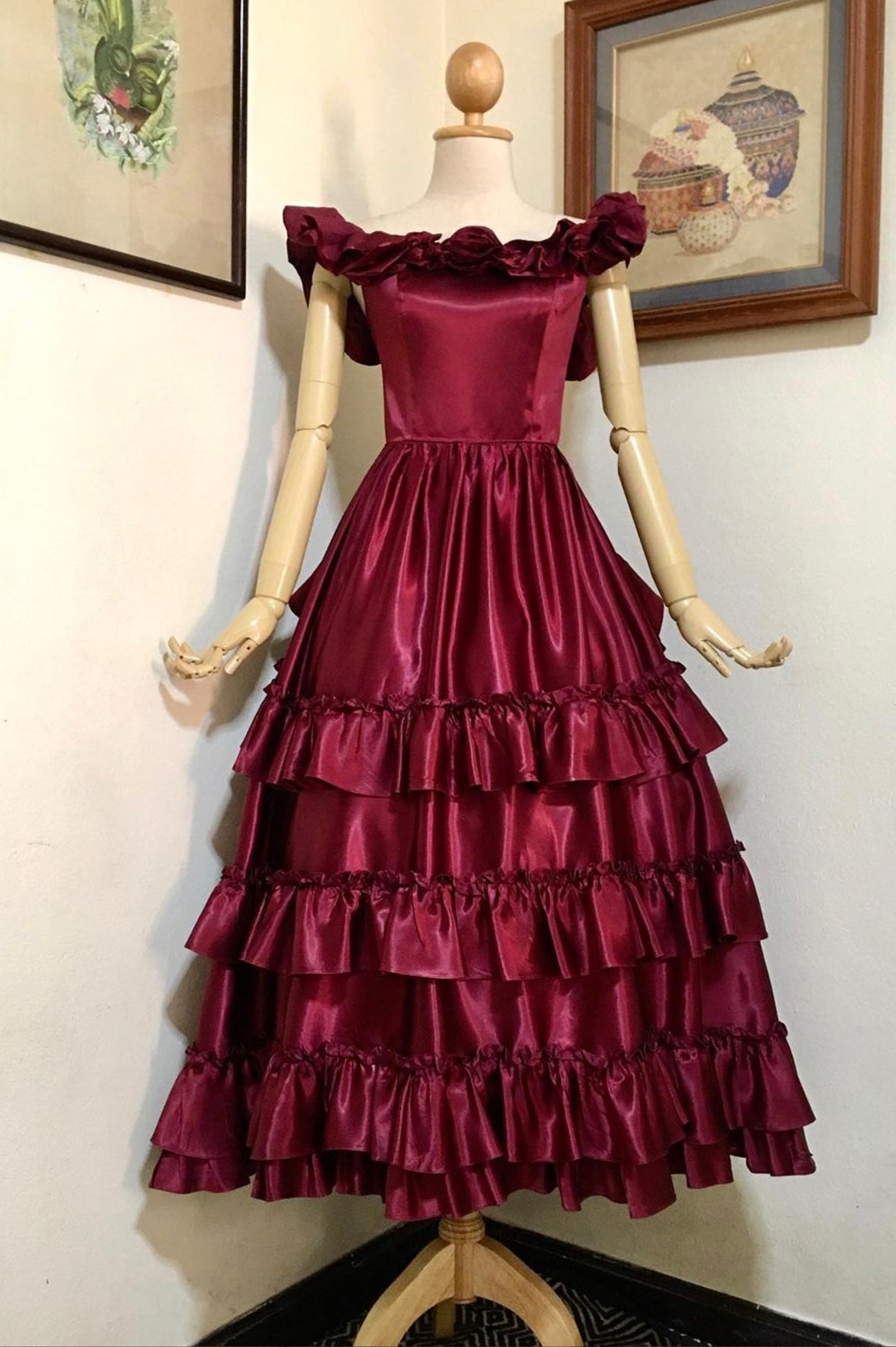 Burgundy Satin Off the Shoulder Tea Length Prom Dress