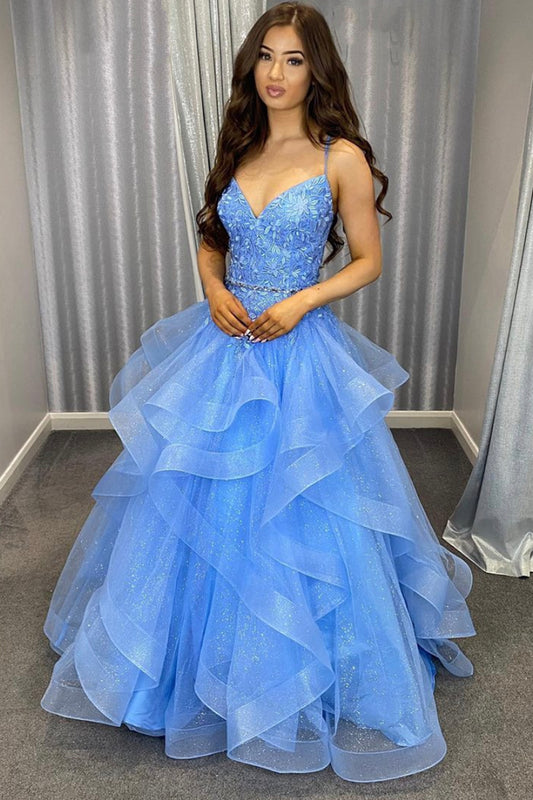Blue V-Neck Tulle Layers Lace Floor Length Prom Dress, Blue Formal Evening Dress
