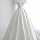 White V-Neck Satin Long Prom Dress, A-Line Short Sleeve Evening Dress