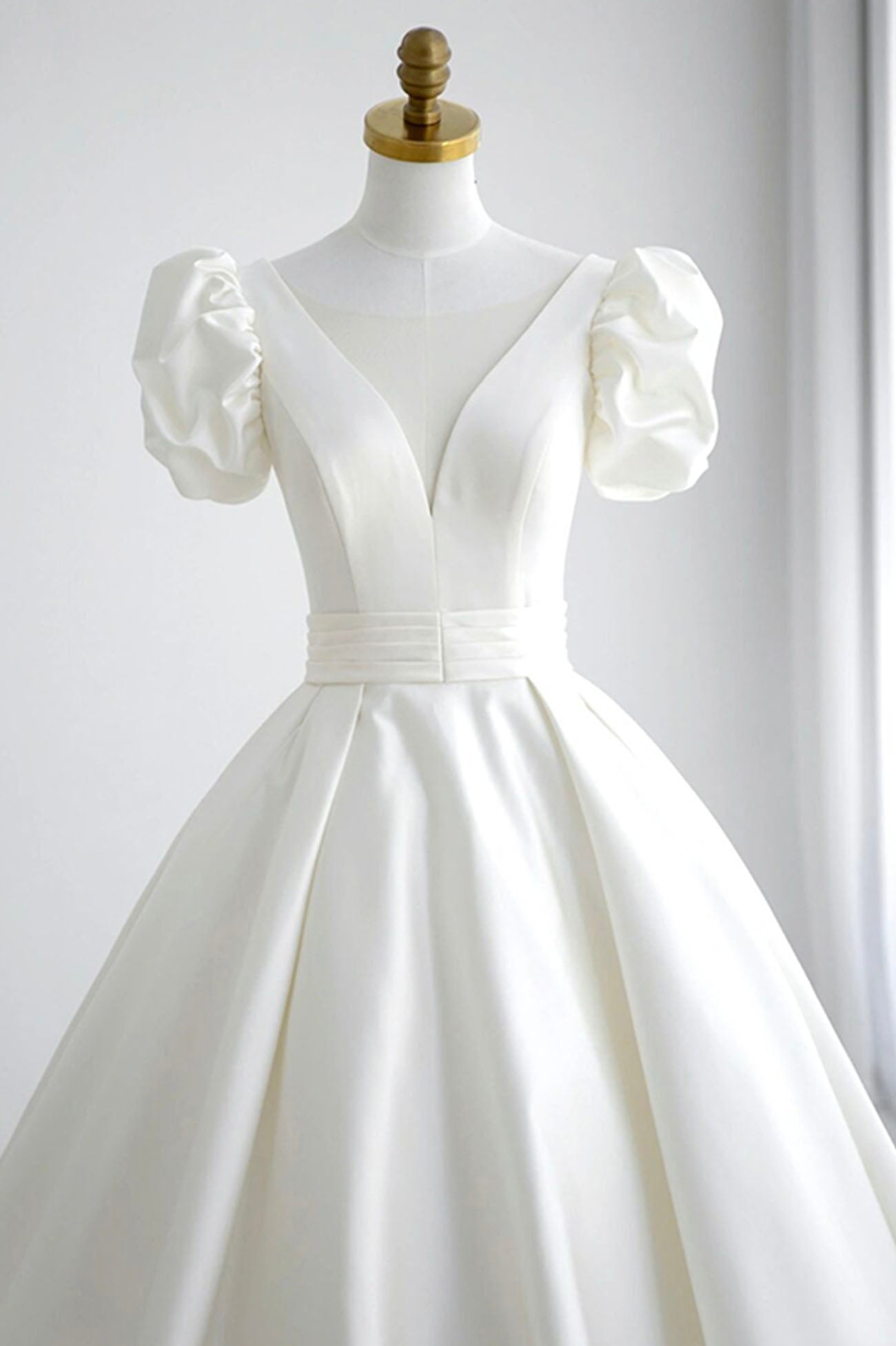 White V-Neck Satin Long Prom Dress, A-Line Short Sleeve Evening Dress