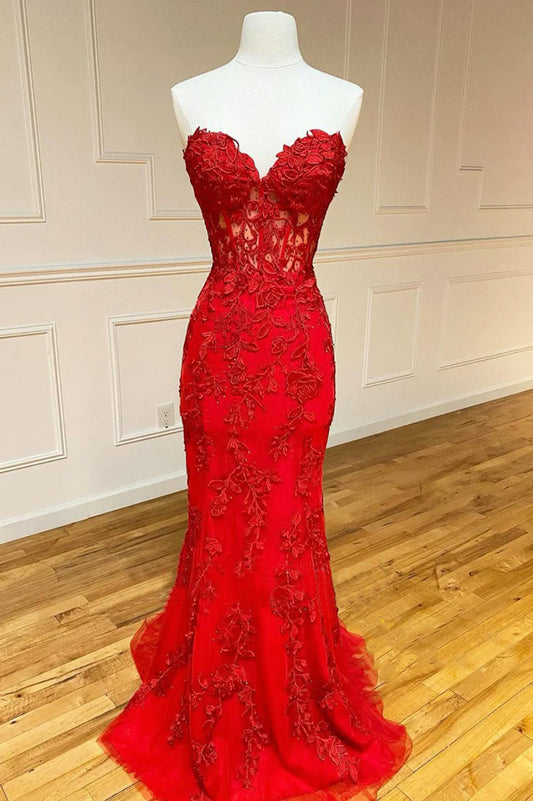 Red Mermaid Lace Long Prom Dress, Red Strapless Evening Dress