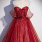 Burgundy Strapless Tulle Long Prom Dress, Burgundy Sweetheart Neck Formal Dress