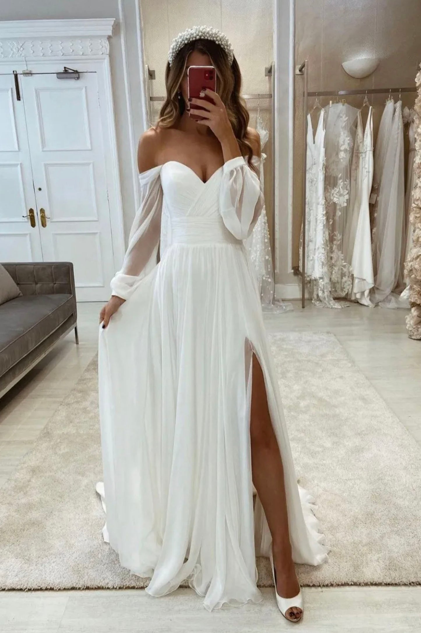 White Chiffon Long Sleeve Prom Dress