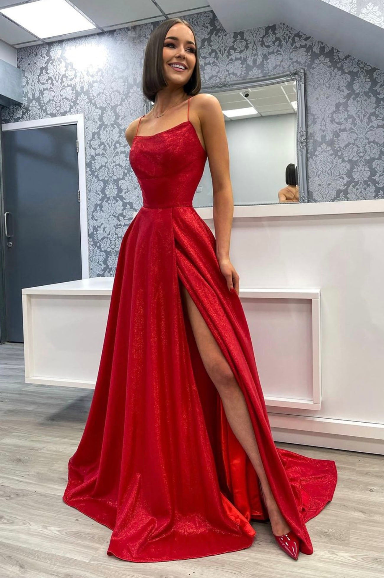 Red Satin Long Prom Dress, A-Line Backless Evening Party Dress