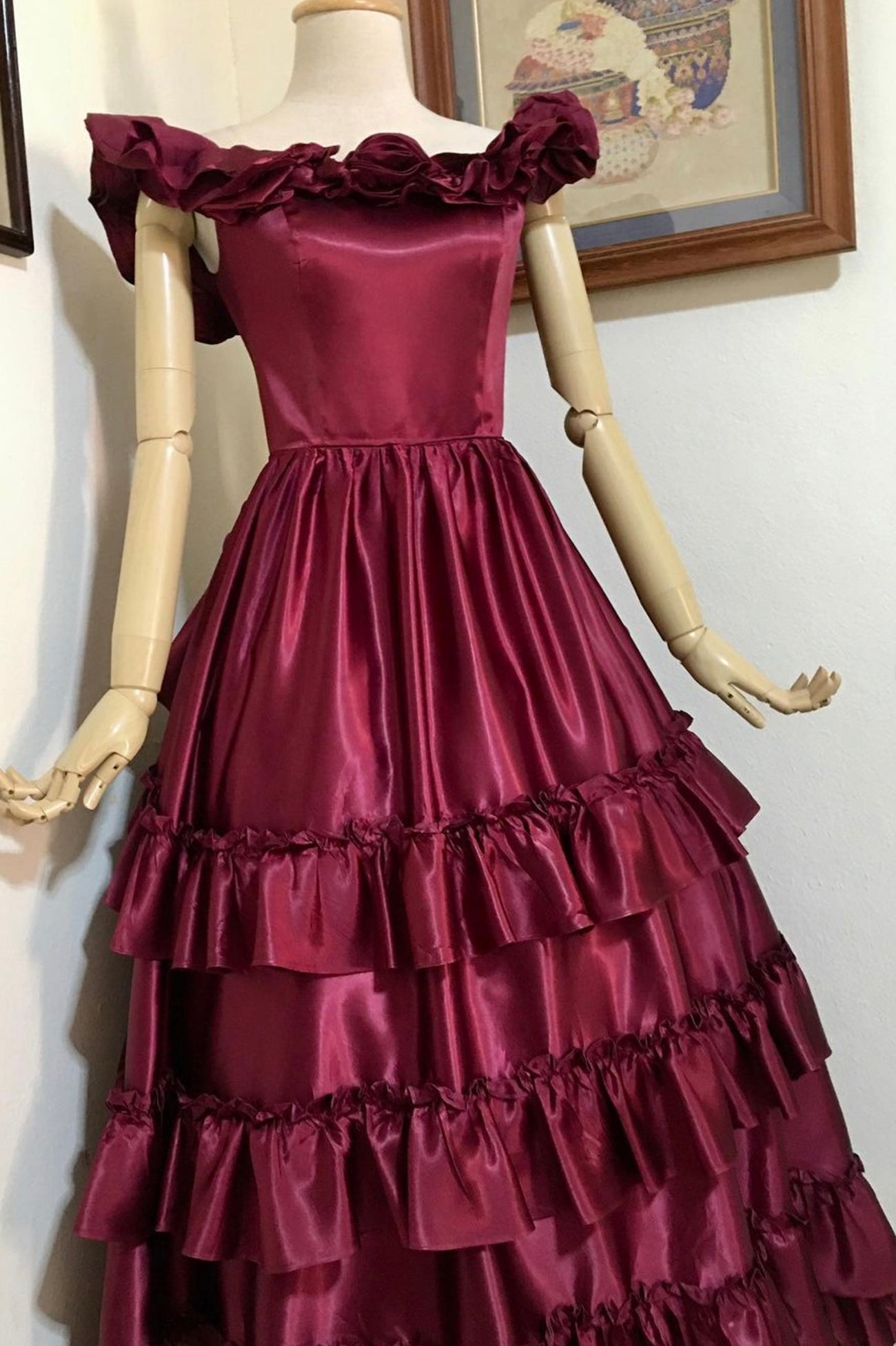 Burgundy Satin Off the Shoulder Tea Length Prom Dress