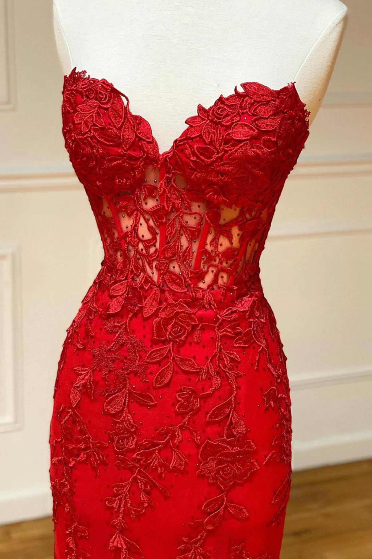 Red Mermaid Lace Long Prom Dress, Red Strapless Evening Dress