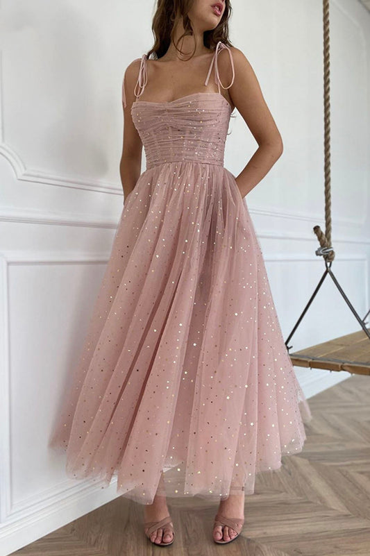 Pink Spaghetti Strap Tulle Short A-Line Prom Dress