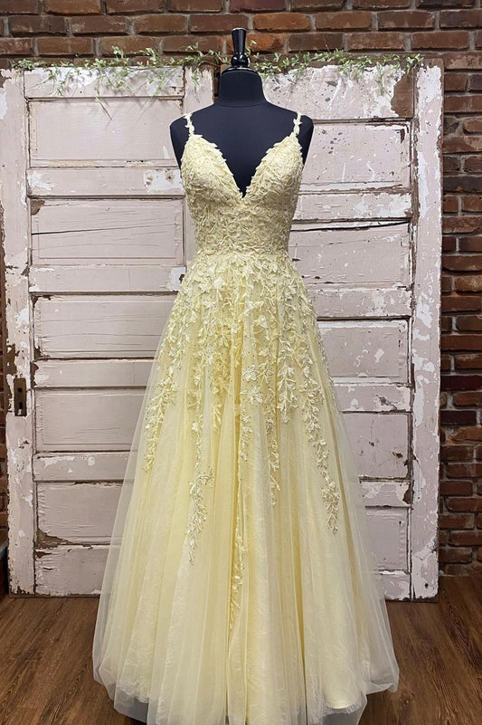 Yellow V-Neck Spaghetti Strap Lace Floor Length Prom Dress