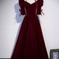 Burgundy Velvet Long A-Line Prom Dress